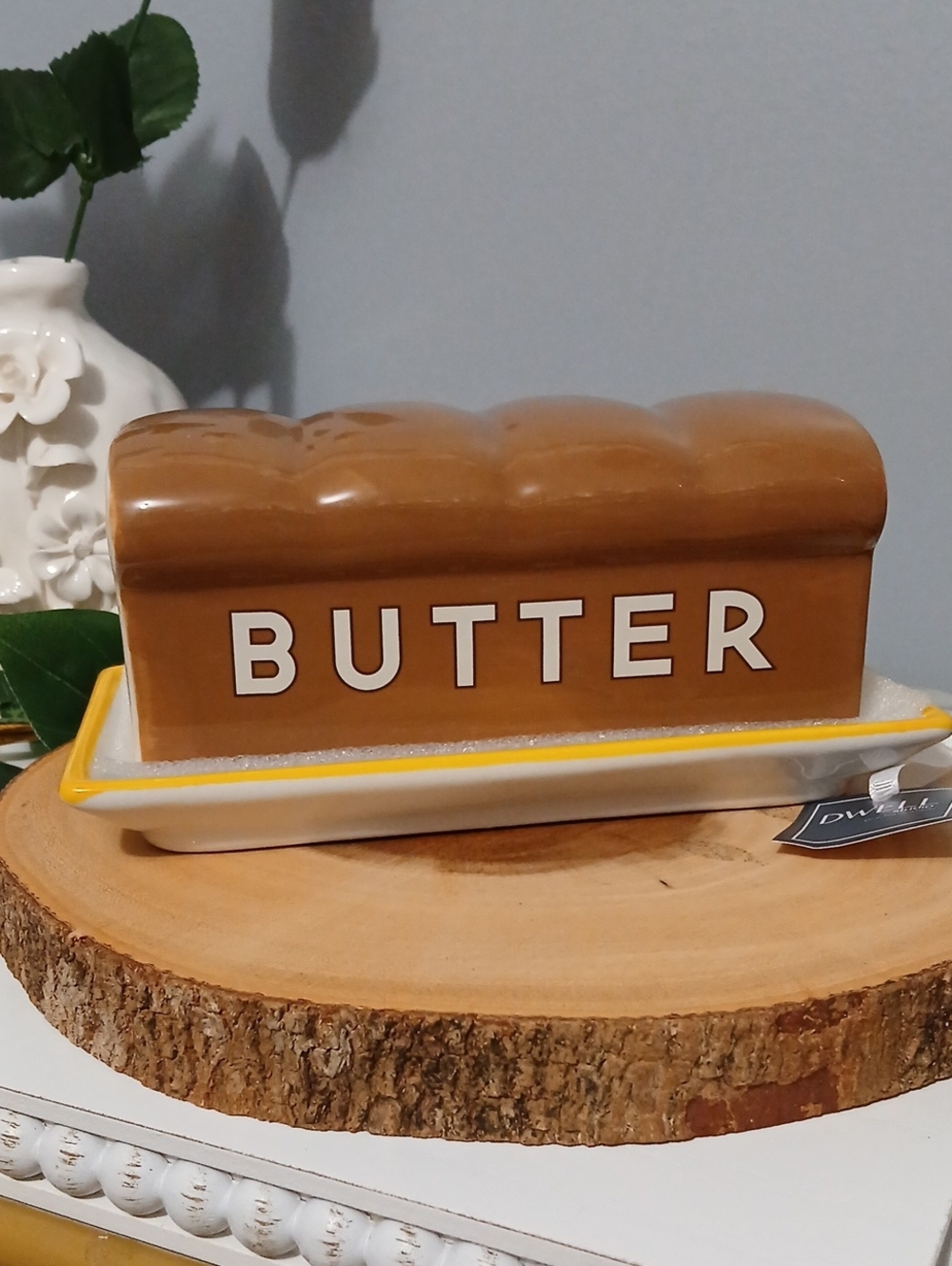 New!! Ceramic Butter Dish - Brown "BUTTER" Lettering NWT